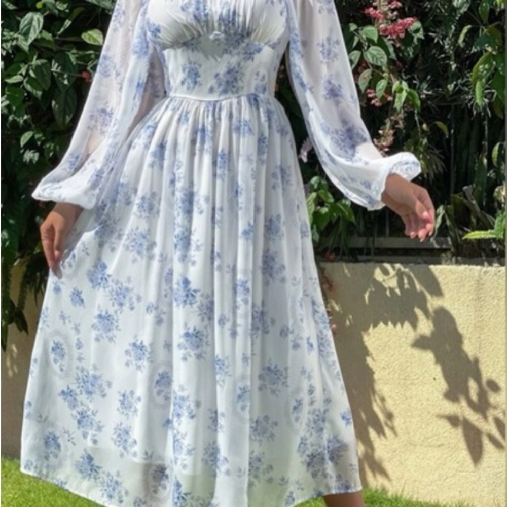 SHEIN Blue and White Maxi Sundress with Bishop Sleeves